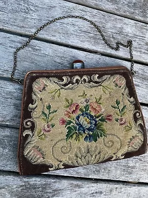 1930 Austrian Handbag W/ Mirror VTG Bag Purse Floral Cabochon Clasp Petit Point • $38