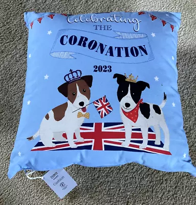 Tesco King Charles III Coronation Cushion 2023 Featuring The Royal Jack Russells • £10
