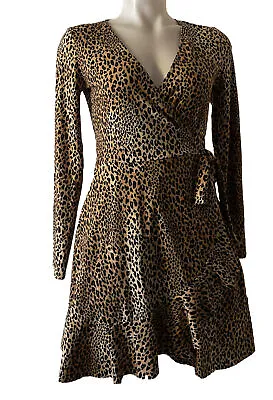 H&M  Wrap Mini Dress Long Sleeve Stretch Ruffles Cheetah Print Size 6 Nwt • $19.99