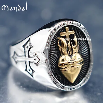 MENDEL Gold Plated Mens Catholic Sacred Heart Of Jesus Cross Ring Size 7 8 9-15 • $12.99