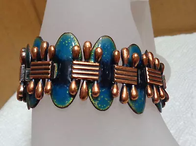 Size 6  Vintage Matisse Copper & Blue Enamel Bracelet 1 1/4 Inch Wide 67.2 Gm • $74.96