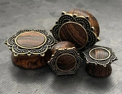 PAIR Rose Wood Plugs  W/Rose Of Sharon Top Plugs Earlets Gauges Body Jewelry • $12.95
