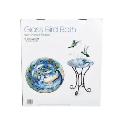 Peacock DECORATIVE 18  Glass Bird Bath With Metal Stand - NEW- FREE SHIPPING • $48.99