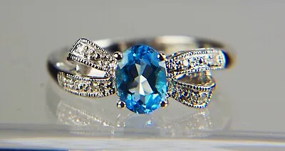 Ladies Oval Blue Zircon Ring With Diamond Accents10k White Vintage • $295