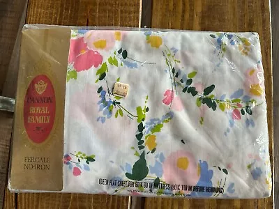 VTG Royal FamilyCannon Queen Size Floral Sheet Charmaine Blue Belle Percale NOS • $27