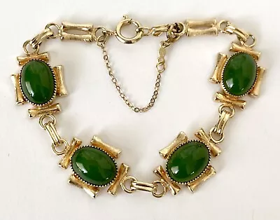 Vintage Green Jade Glass Oval Cabochon 12K Gold Filled 7 1/2” Bamboo Bracelet • $6