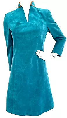 Vintage 70s Mollie Parnis Dress Ultra-Suede Fit Flare Collar Long Sleeve Blue S • $129.95