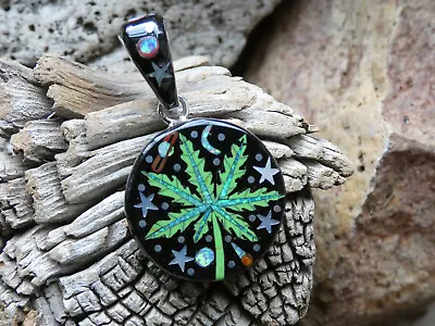 Marijuana 420 Galaxy Night Sterling Silver 925 Gemstone Micro Inlay Pendant O91 • $79.95