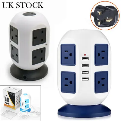 8 Way Switched Surge Protected Tower Extension Lead UK Mains Plug Socket 4 USB • £18.98