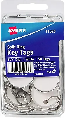 AVERY Metal Rim Key Tags 1.25  Diameter Tag Metal Split Ring 50 Tags White • $11.29