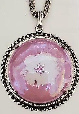 Vintage Ceramic Flower Pendant W/32  Silvertone Chain  Pink/white • $12.99