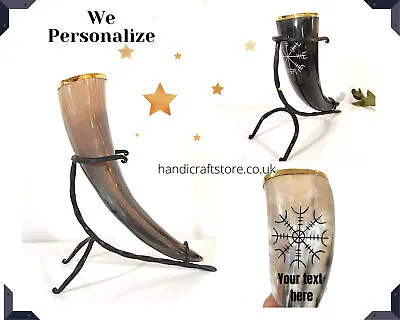£32 • Buy Personalized Engraved Brass Rim Viking Drinking Horn With Iron Stand