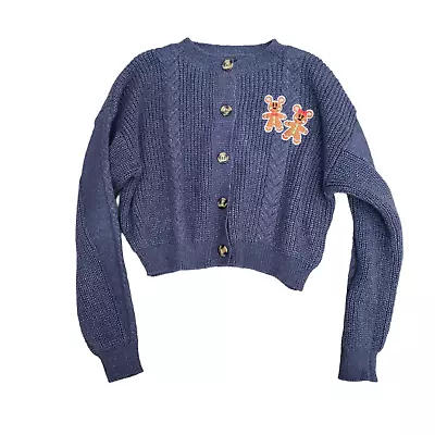 Mickey Minnie Gingerbread Crop Knit Cardigan Blue Size L Christmas • $45.99