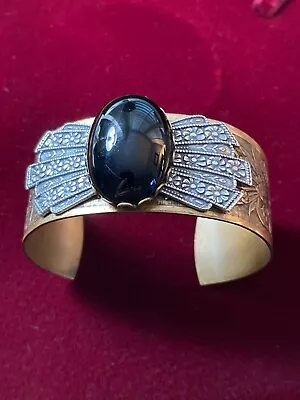 Vintage Onyx (?) Brass Wide Statement Cuff Bracelet 35 Grams 7-8  Mixed Metals • $49.99