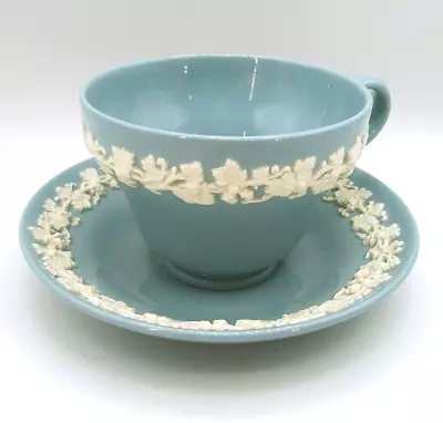 Vintage Wedgwood Footed Cup & Saucer Cream On Lavender Blue Embossed England • $49.99