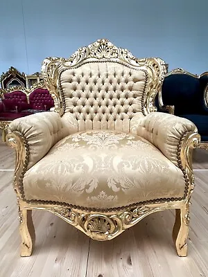 Armchair Velvet Gold French Louis Style Gold Finish Sofa Chair Italian Baroque • £385.28