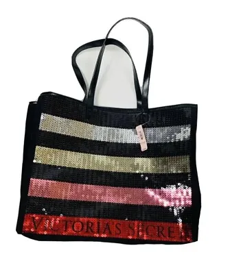 Victoria's Secret Black Sequin Stripe Weekender Bag Getaway Carry On Large  Tote • $24.90