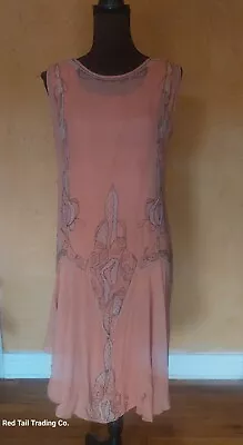 Peach Silk Crepe Beaded 1920s Sheer Drop Waist Dress Med AS IS • $65