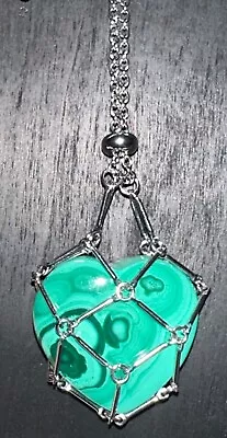 Malachite Heart Carving Cage NecklaceQuartz Crystal JewelryMetaphysicalGem • $58