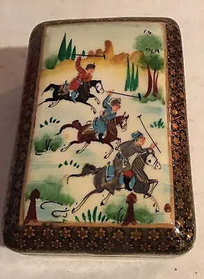 Vtg Oriental Handmade Mosaic Inlay Bone Wood Trinket Box Horses • $17.99