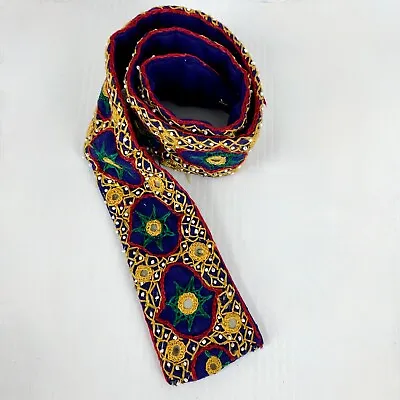 Embroidered Fabric 2.5in Wide Belt M Indian Ethnic Yellow Blue Mirrors Excellent • $17.85