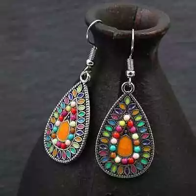 Silver Hook Teardrop Earrings Multi Coloured Stone Inlay • £6.99