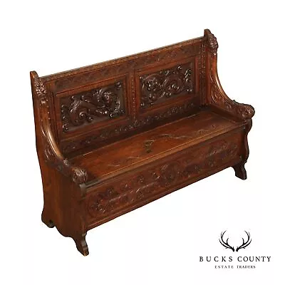 Antique Victorian Renaissance Revival Carved Oak Hall Bench • $1695