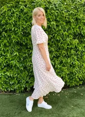 M&s Holly Willoughby Ivory Round Neck Pink Polka Dot Midi/maxi Dress  Size 16 • £9.99