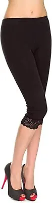 Womens Ladies Capri Soft Stretchy 3/4 Copped Lace Trim Leggings Comfy Pants UK • £9.49