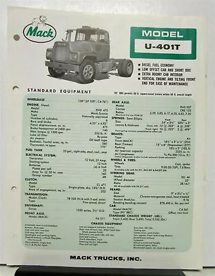 1965 Mack Truck Model U 401T Specification Sheet. • $12.17