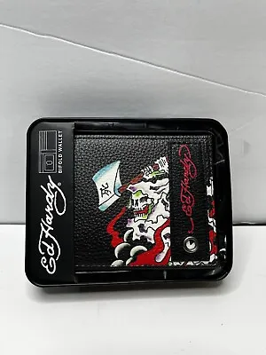 Ed Hardy Black BiFold Leather Wallet With Grim Reaper Skull Flag Tin Gift Box • $23.99