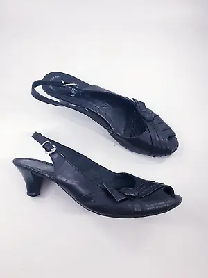 Caprice Size 6.5 (40) Black Leather Buckle Slingback Peeptoe Block Heel Sandals • £12