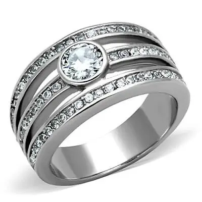 Ladies Silver Bezel Ring Band Solitaire Accents Triple Row Cz Steel Size M  • £12