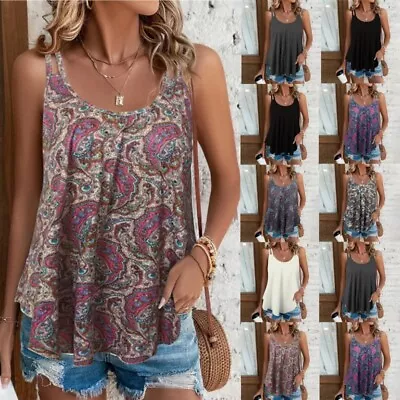 Womens Summer Strappy Vest Tank Ladies Floral Pullover Ruffle Tee Tops Loose Fit • £8.59