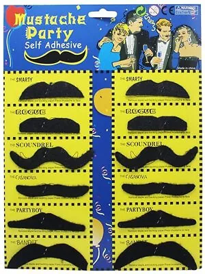 Pack Of 12 Self Adhesive Assorted Fake Moustache Mustache Set Fancy Dress Party • £3.99