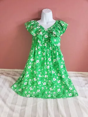 Zara Girls Green White Floral Linen Viscose Ruffle Neck Dress Size 13 14 CM 160  • $29.50