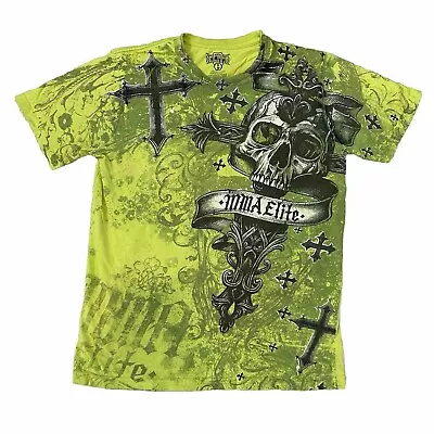 MMA Elite Shirt Mens Medium M Green Black Skulls Crosses All Over Print 2000s • $39.98