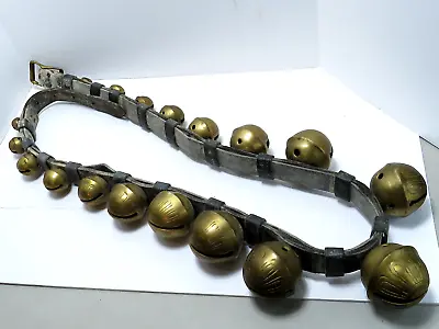 18 ANTIQUE GRADUATING ETCHED BRASS SLEIGH BELLS W BROWN LEATHER HORSE BELT * • $399.99