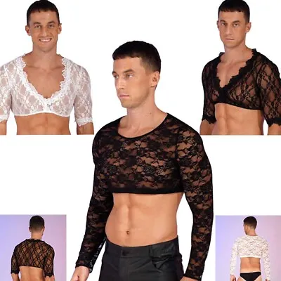 UK Men's See Through Mesh Crop Top Undershirts Long Sleeve Slim Fit Half Shirts • £9.39