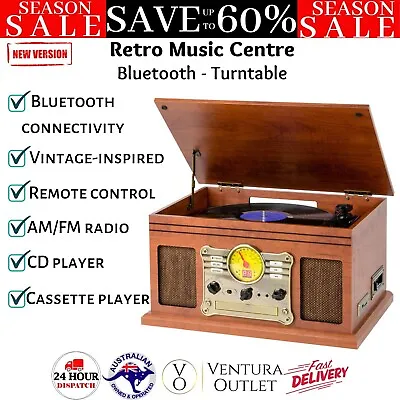 Bluetooth Turntable LP Vinyl Record Player Retro Music Centre AUX CD Cassette Br • $191.97