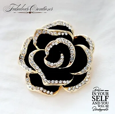 £5.79 • Buy Gothic Black Rose Flower Crystal Brooch Pin Victorian Vintage Look Camelia Gift