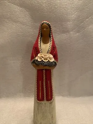 Vtg  Mexican Folk Art Statue Woman Handmade Lillies Red Clothing Clay 9.3/4” • $12