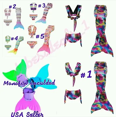 Girls Swimmable Mermaid Tail Swimsuit Bikini Swimwear Swimming USA SELLER 4T-12 • $39.97