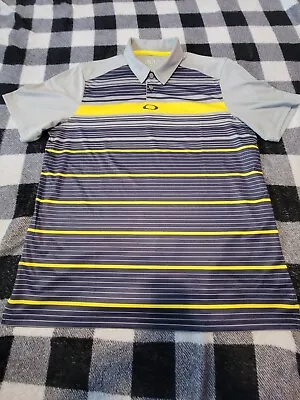 Oakley Golf Polo Shirt Mens Medium Gray Yellow Striped Breathable Wick Stretch • $16.99