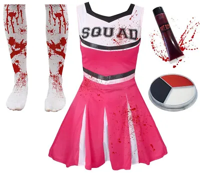 Childrens Girls Pink Zombie Cheerleader School Fancy Dress Costume Halloween • £15.99