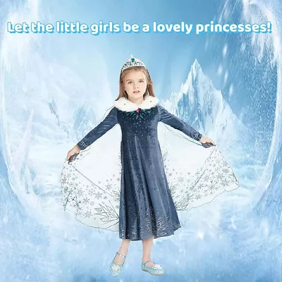 Ice Queen Princess Velvet Cosplay Long Sleeve Fur Collar Dress Up Costume 5-6 Yr • £0.99