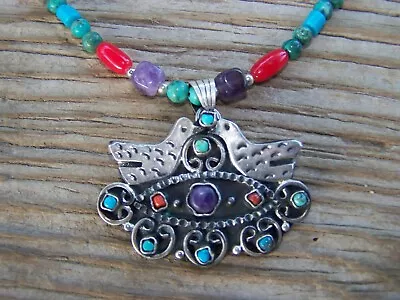 Matl Style Sterling Silver Turquoise Coral Amethyst Love Bird Pendant Necklace • $120