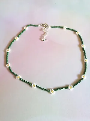 Dark Green Daisy Beaded Boho Choker Necklace Handmade By ~BornToFly~ • £3