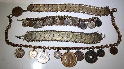 VTG 20’s-30's Coin Necklace & (3) 7-8  Bracelets 59 Foreign Coins 1950-1960s • $54.50