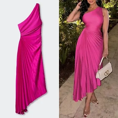 MANGO Claudia One-Shoulder Side Cutout Pleated Midi Dress Fuchsia Pink Size 6 • $126